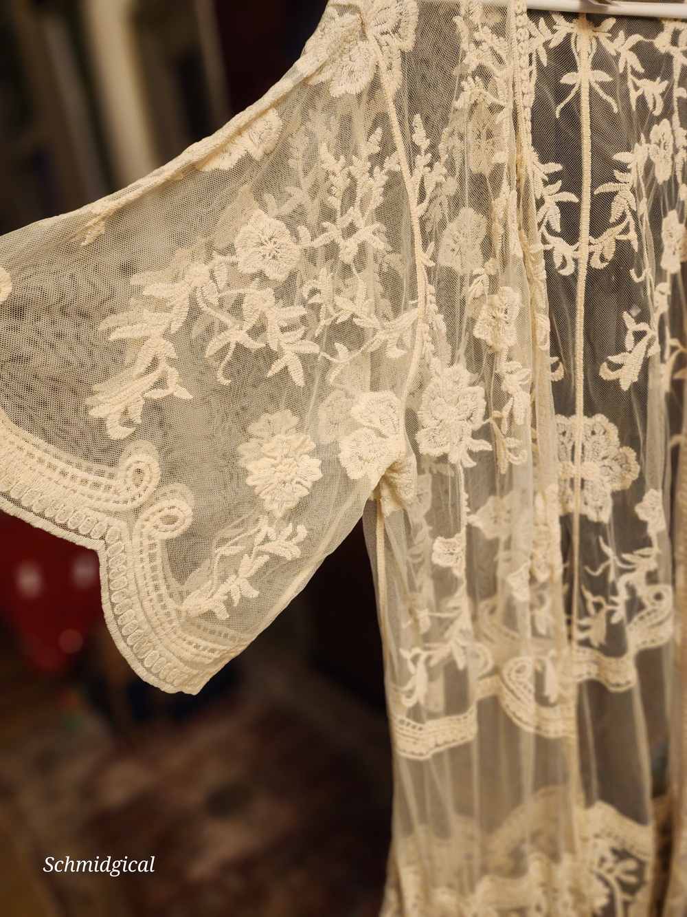 Lace Sheer Long Kimono‎ Robe - Cream Embroidered Bell Sleeve Floral NWT - Picture 2 of 5
